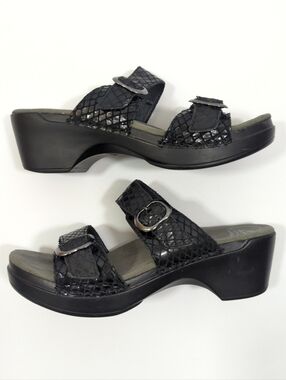 Dansko Sophie Python Black Slide Sandals with Buckle Straps